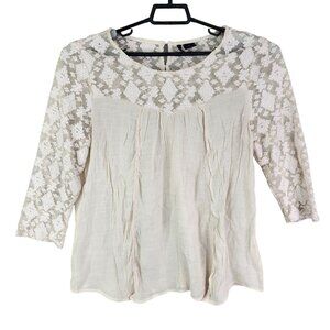 Women's Ivory White New Directions Lace Crochet Blouse Top 3/4 Sleeve Size L